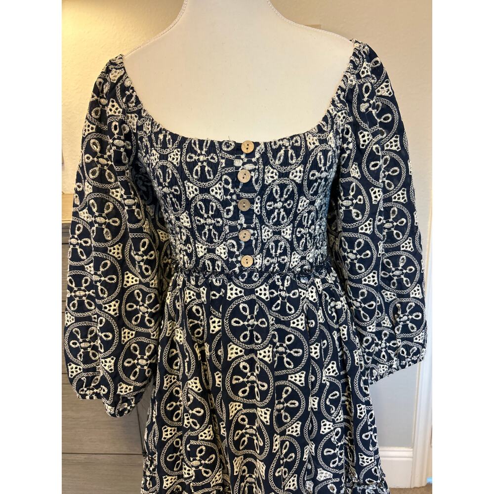 Lucca | 100% Cotton Navy/White Eyelit Babydoll Back Cutout Half Sleeve Dress | M - Picture 4 of 15